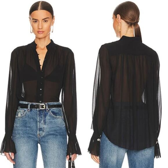 L'AGENCE Tops - NEW L'agence Balloon Long Sleeved Black Sheer Button Blouse Women's Size: XS